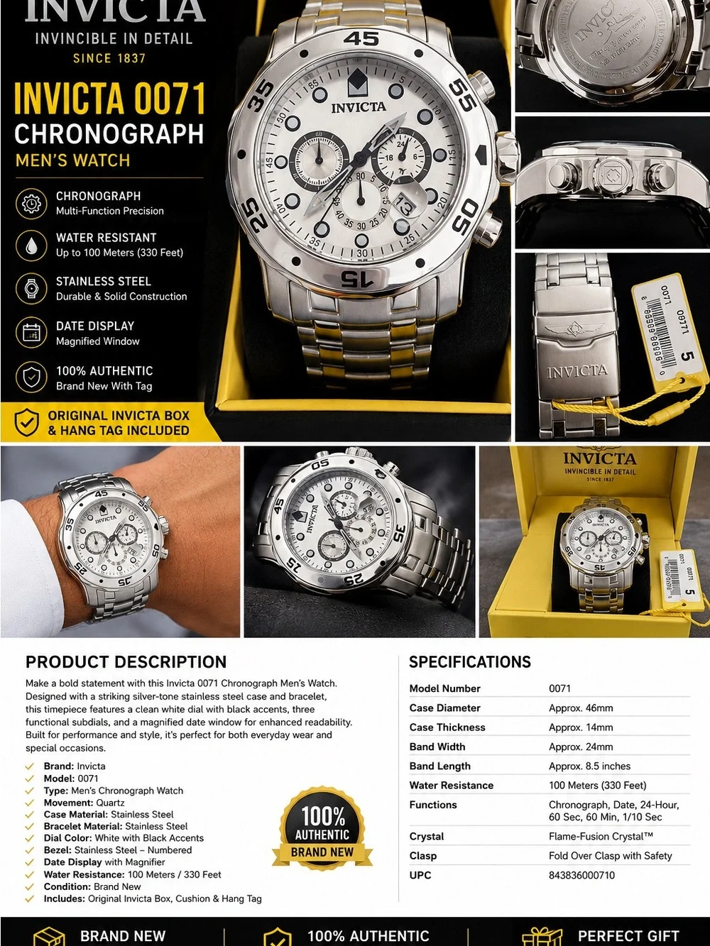 Invicta Silver Stainless Steel Bracelet Watch with Clasp Emblem